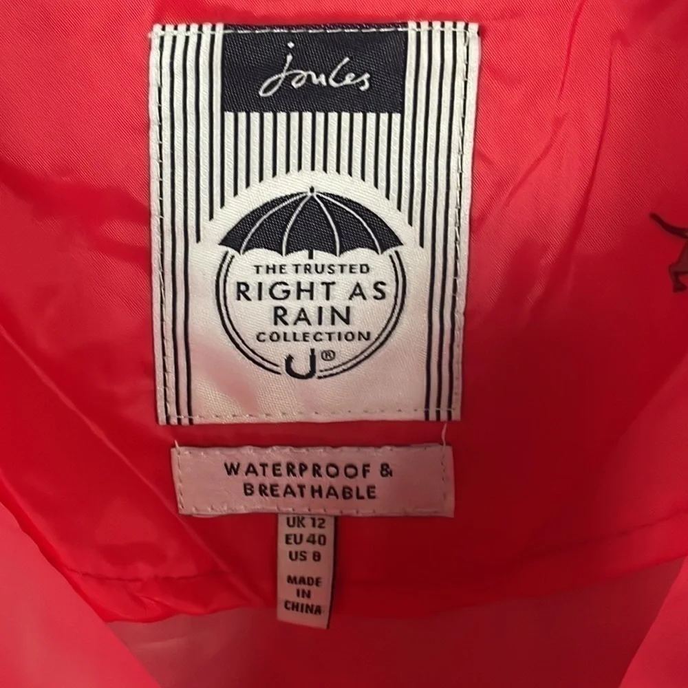 Brand New Joules Waterproof Breathable Rain Coat Zippered Jacket Red Dogs Hood